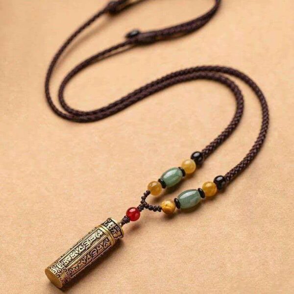 Tibetan Om Mani Padme Hum Cylinder Pendant Necklace with Jade Beads